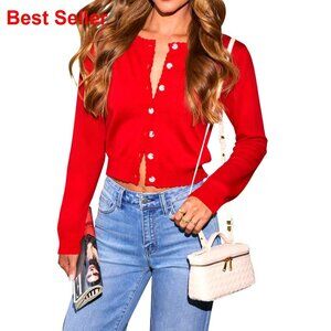 Long Sleeve Crop Cardigan Sweater with Ruffle Sleeves Button Front